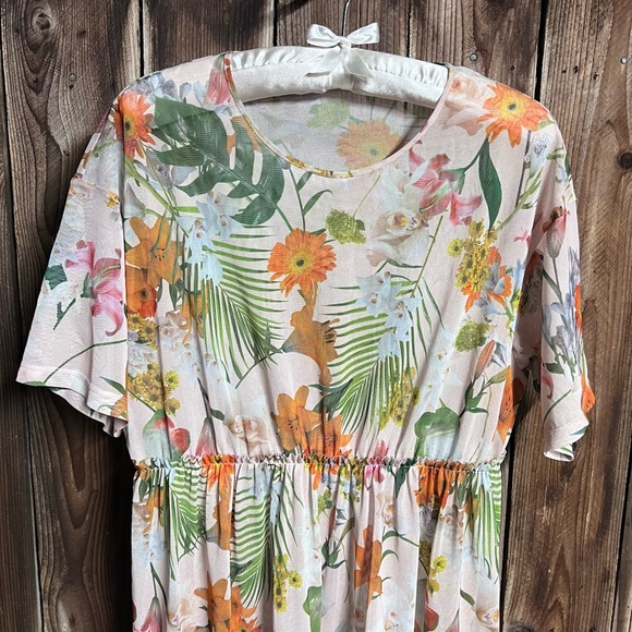 Zara Tropical Floral Bold Brat Sheer Tulle Mesh Short Sleeve Midi Dress Sz L - Picture 4 of 10